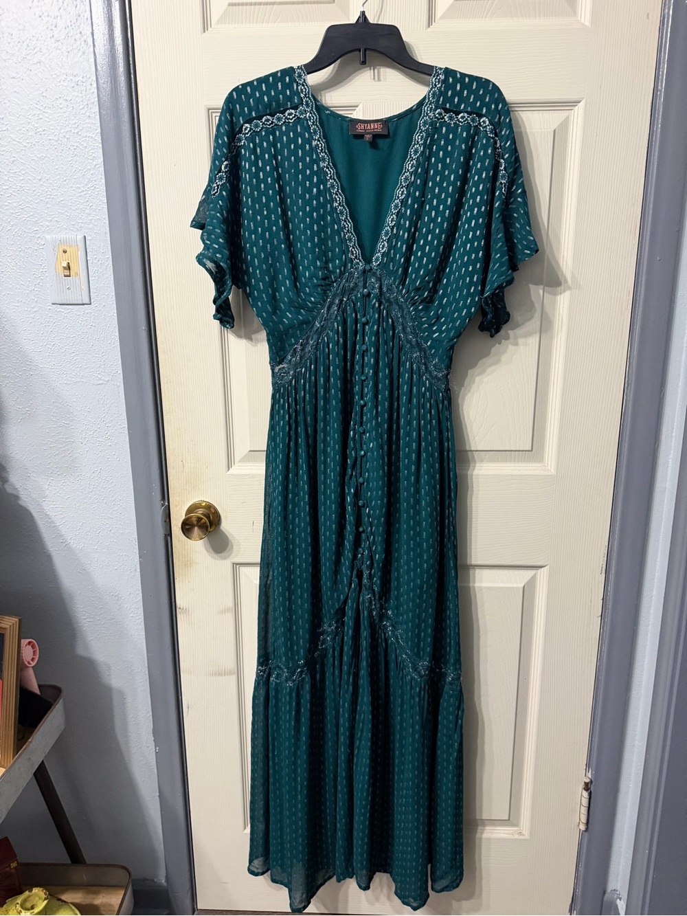 Shyanne Teal Silver Metallic Western Boho Maxi Dress Size L
